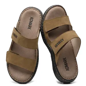 ADMARK Men's Full-Grain Leather Slide Sandals with Adjustable Strap Arch Support Memory Foam Footbed Lightweight Comfort for Walking Casual Outdoor Beach