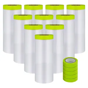 Pre-Taped Masking Film-55inx65ft Tape and Drape Painters Paper Rolls, Plastic Painting Film for Automotive Painting Covering (Masking Film:10rolls,Tape:5rolls)