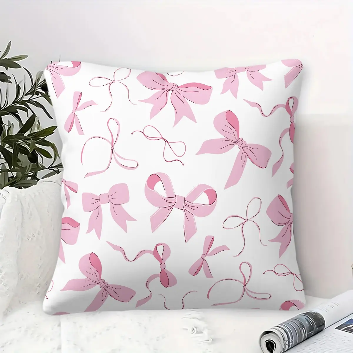 Aesthetic Pink Bow Throw Pillow,Feminine Bow Print Accent Pillow Cushion,Soft Plush Decorative Pillow for Vanity,Reading Nook,Bedroom Chair & Dorm Couch,Ideal for Girly Home Aesthetic & Teen Girl Room Decor, Soft Touch Cushion
