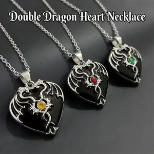Double Dragon Heart Necklace, Zinc Alloy Viking Dragon Jewelry with Red/Green/Yellow Synthetic Zircon, Gothic Pendant for Long Distance Couples, Mother's Day Father's Day Gift, Birthday Anniversary Gift for Dragon Lovers & Your Lover