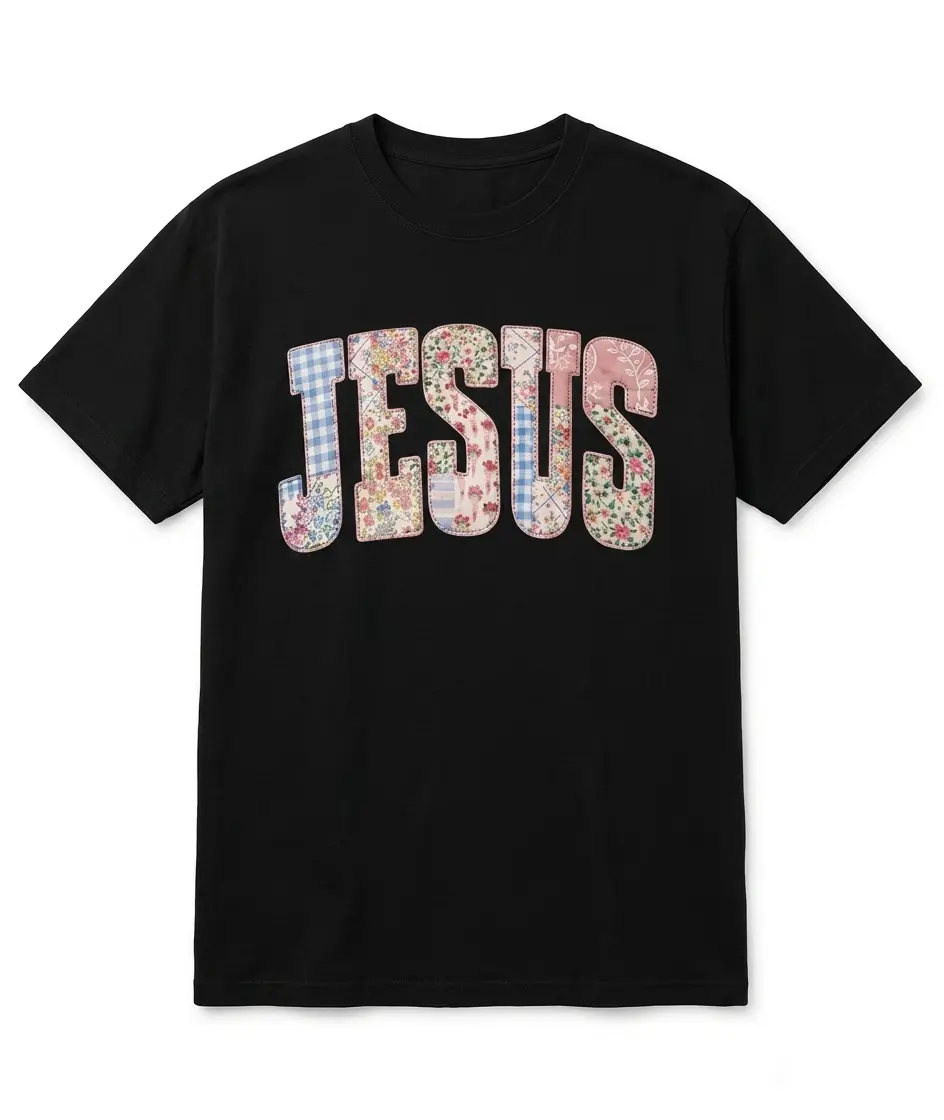 Jesus Patchwork Comfort Tee for Women | Cute Floral Gingham Faux Quilted Design Christian Graphic T-Shirt | Trendy Faith Based Religious Shirt | Preppy Cottagecore Aesthetic Sunday Best Tee | Soft Garment Dyed Style Faith Shirt Gift