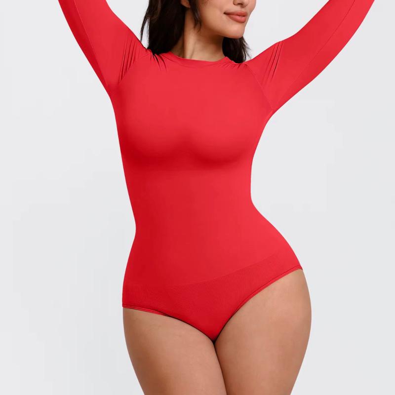 Seamless long-sleeve bodysuit Womenswear Nylon Spandex Smooth Light Soft Tops Basic Casual