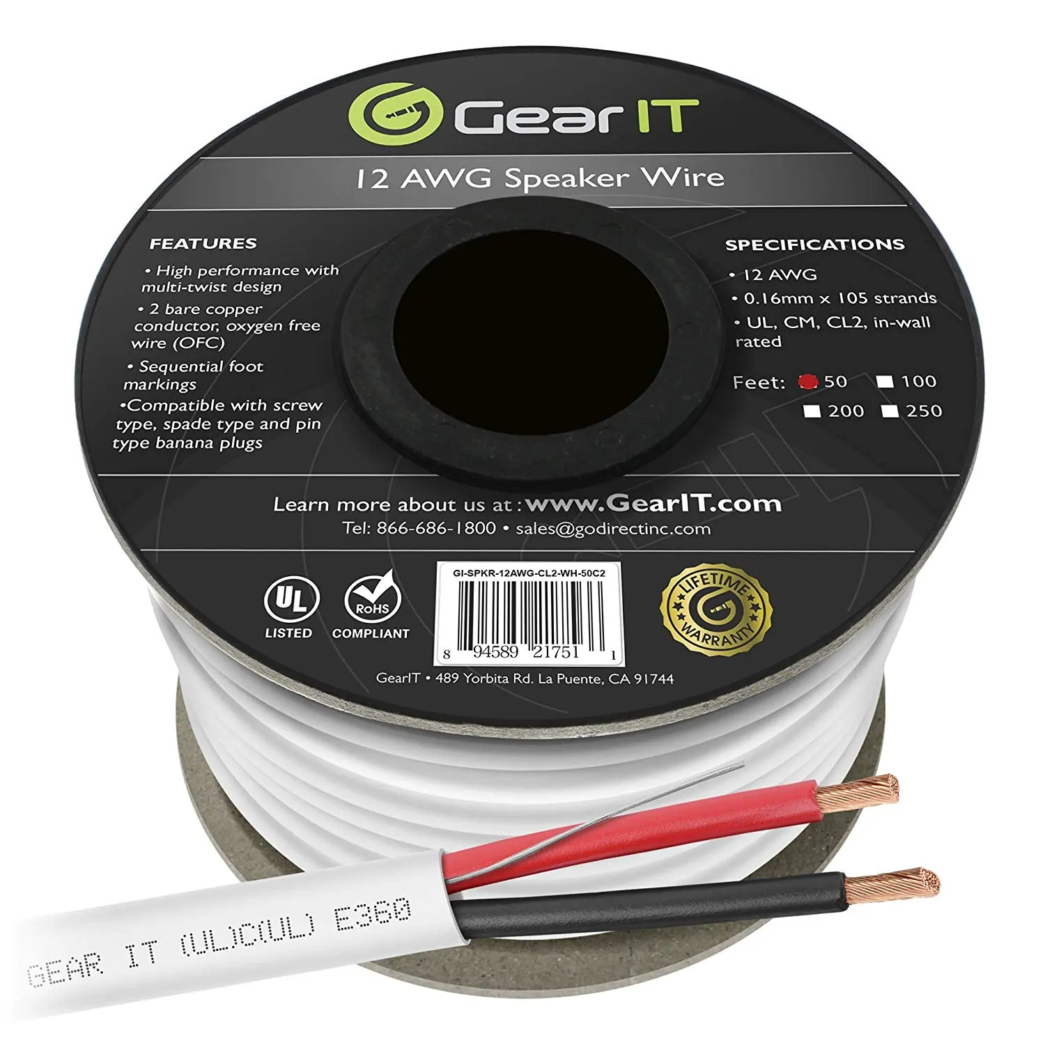 14 AWG In Wall Speaker Wire - CL2 Rated - Oxygen Free Copper (OFC), White