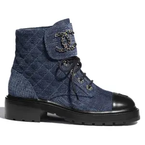 Chanel 21A Blue Velvet Denim Black Quilted CC Chain Logo Combat Lace Up Tie Ankle Short Boots