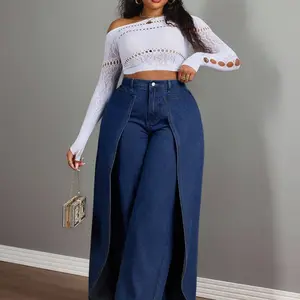 Women's Plus Size Two-Piece Denim Jeans, Casual Faux Two-Piece Design, Comfortable and Stylish Jeans for Everyday Wear, Pants, Womenswear