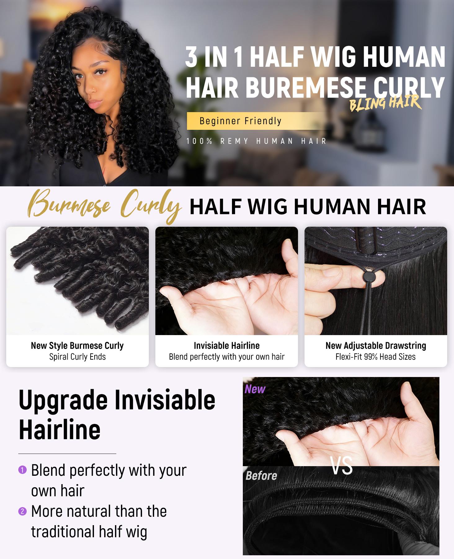 [Flash Sale] Burmese Curly Half Wig Human Hair 7x5 Glueless Wig Human Hair 13x6 Transparent Lace Front Wig Human Hair Wigs For Women 180% Density Upgeade U Part Wig Burmese Curly Hair