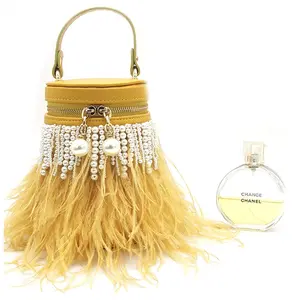 2026 Fashionable Light Luxury Pearl Tassel Feather Bag Round Barrel Single Shoulder Handbag Crossbody Bag