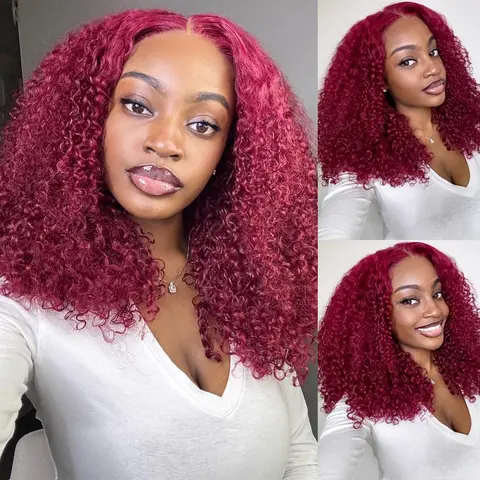 BangJazz 99J Burgundy Kinky Curly Human Hair Wig Pre Cut Lace Bleached Knot Closure Glueless Ready To Wear 250% Density Lace Front Wig For Women#FallFrehness Outdoorfun