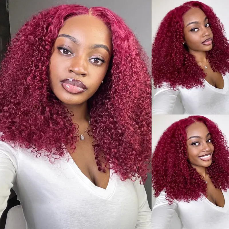 BangJazz 99J Burgundy Kinky Curly Human Hair Wig Pre Cut Lace Bleached Knot Closure Glueless Ready To Wear 250% Density Lace Front Wig For Women#FallFrehness Outdoorfun