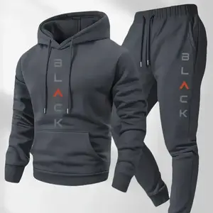Men'S Complete Outfit - Stylish Hooded Sweatshirt & Joggers Set with "BLACK" Print, Gray Casual Streetwear, Long Pants, and Matching Hoodie, Perfect for Fall/Winter, Cozy Clothing | Sporty Look | Nonstretch Fabric