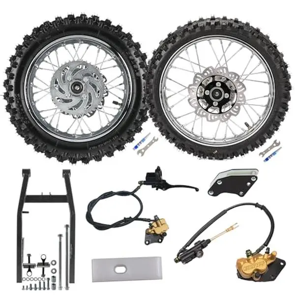 60/100-14 Dirt Bike Tire and Rim Front Wheel with 80/100-12 Rear Wheel, Rear Swingarm, Brake Caliper Kit for Disc Brake Pit Dirt Bike Scooter CRF XR 50 70 SSR 110cc 125cc Taotao DB17 Apollo Off Road
