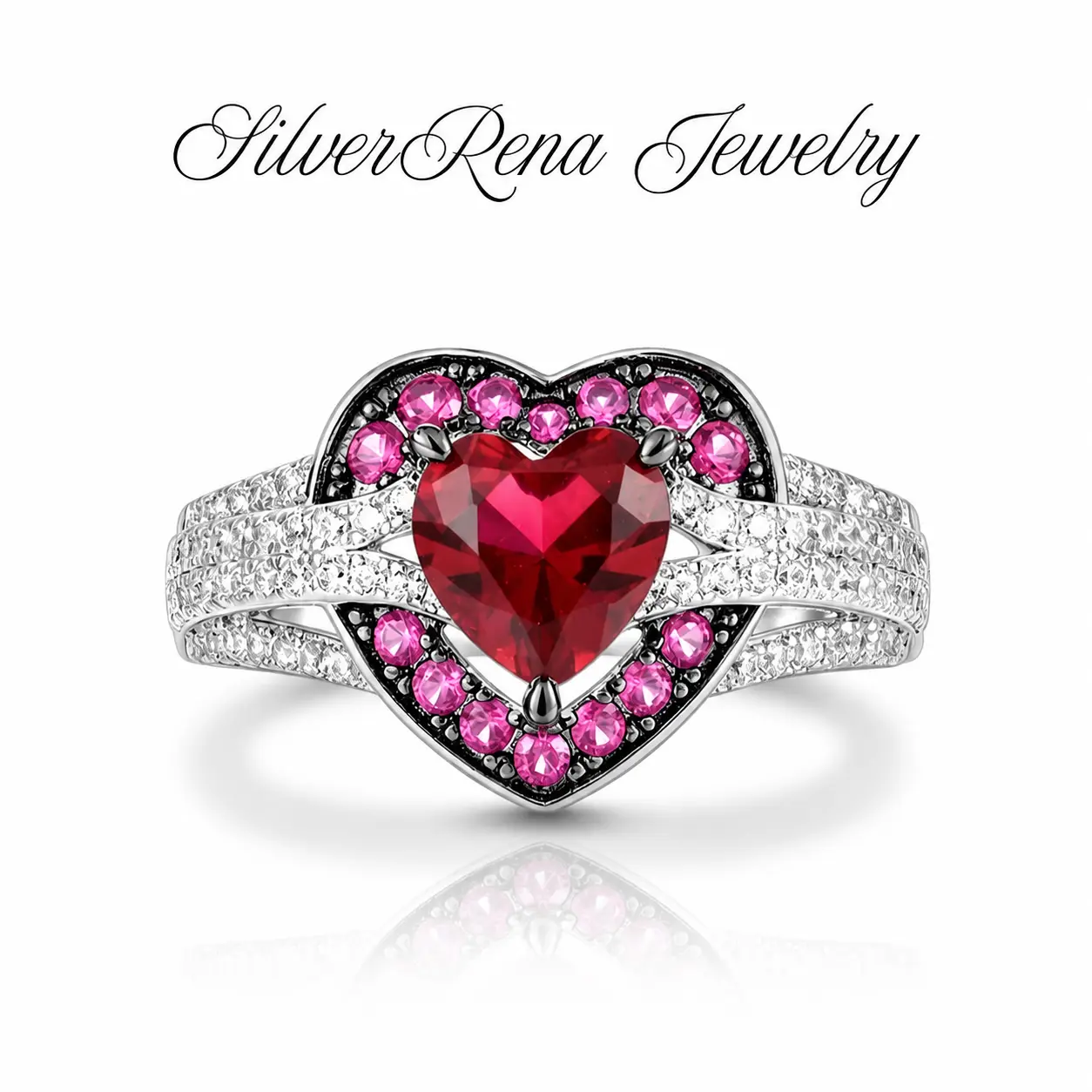 925 Sterling Silver Gothic Vintage Large Red Heart Halo Ring - Multi-Tone CZ, Pink Cubic Zirconia, Split Shank, Rhodium-Plated Non-Tarnish Party Wear Jewelry for Young Women, Xmas Gift