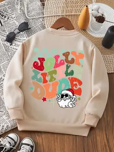 Boys' Fall Winter Long Sleeve Round Neck Sweatshirt, Christmas Santa Claus Letter Print, Fleece Lined Thick Casual Kids Clothing, Crew Neck Sweatshirt