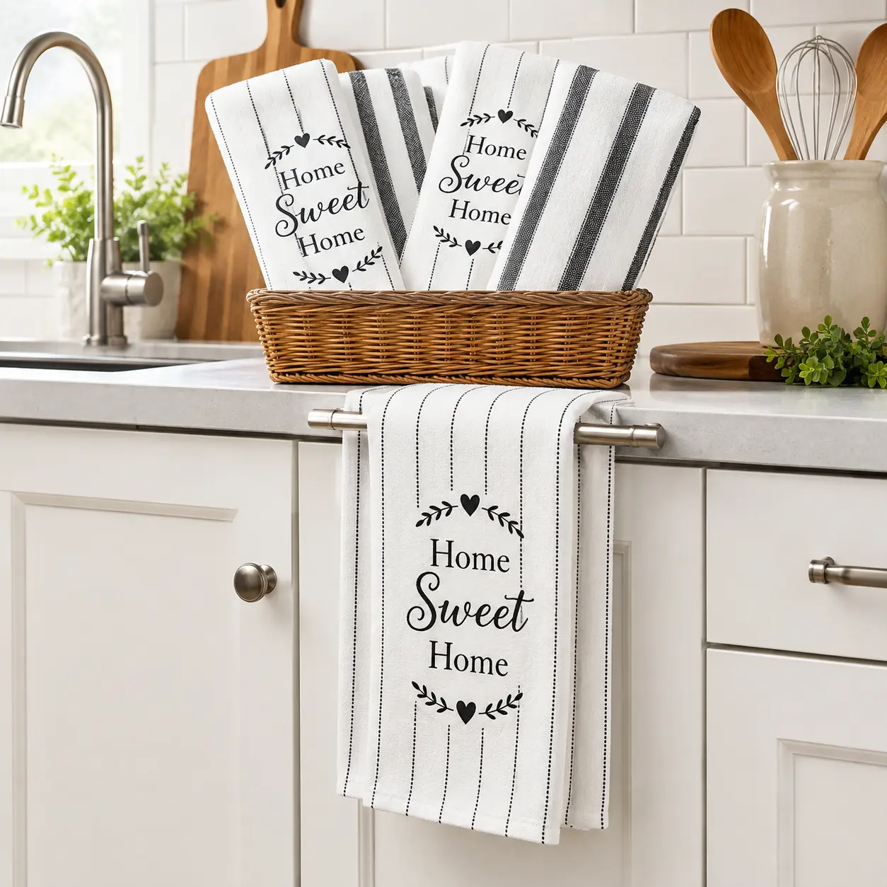 Home Sweet Home Kitchen Towel Set - 3-Pack with Heart & Leaf Design - Perfect for Kitchen Decor & Daily Use - Durable & Absorbent