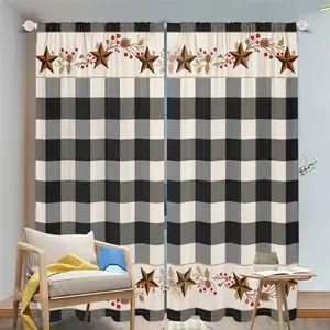 2Pcs Buffalo Plaid Curtains with Star & Berry Pattern, Farmhouse Style Drapes, Room Divider, Privacy Enhancing Panels, for Living, Bedroom, Kitchen and Home Decor Translucent tube bag design