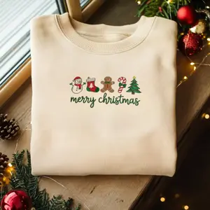 Embroidered Merry Christmas Sweatshirt, Cozy Holiday Crewneck for Women, Cute Gingerbread and Candy Cane Design, Festive Xmas Sweater Gift for Her or Mom 2025