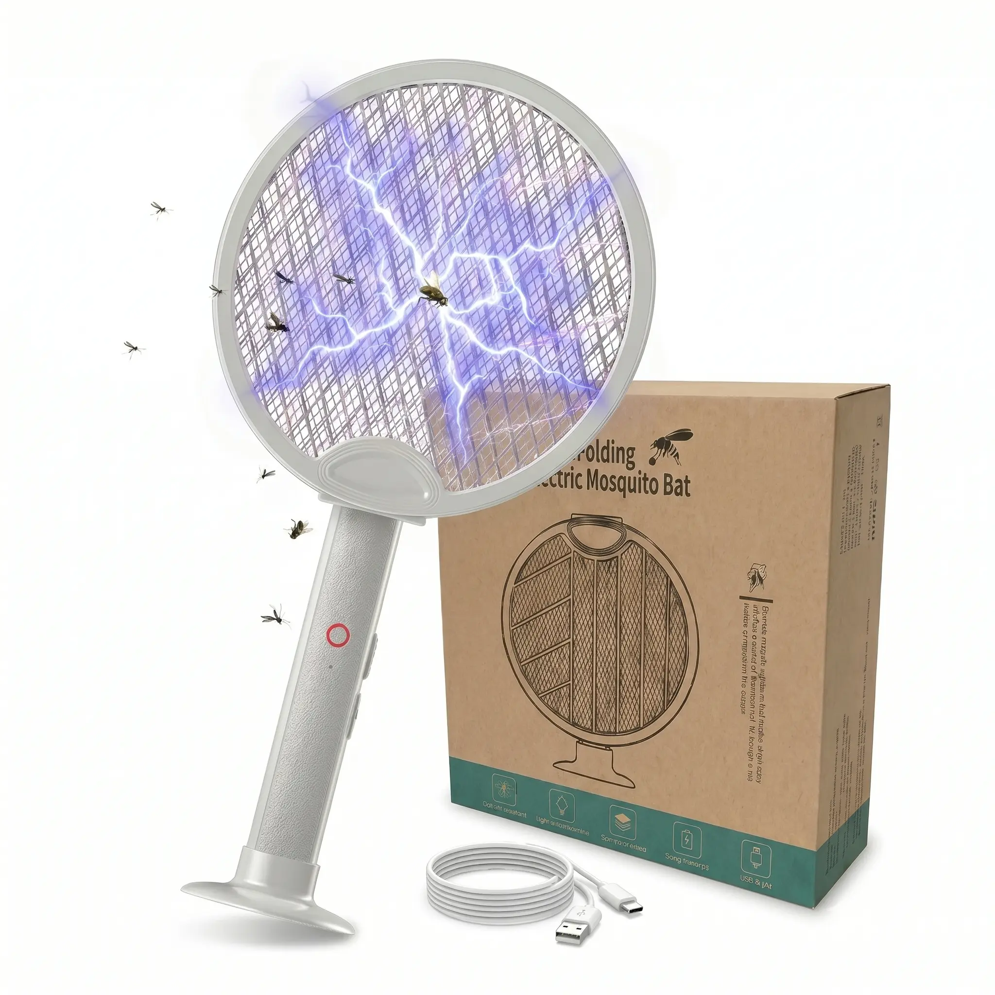 Foldable Electric Fly Swatter Racket,Handheld Bug Zapper Racket Insect Killer Mosquito 2 in 1 Smart Bug Zapper with USB Rechargeable Base with 3-layer Mesh USB Cable for Indoor and Outdoor