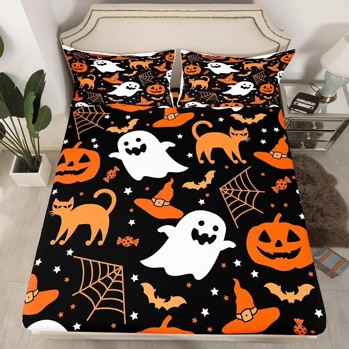 Feelyou Halloween Decorative Bedsheet Sets - Black and Orange Fitted Sheet with Pumpkin, Ghost, Cat Patterns for Adult Festival Bedding Decor