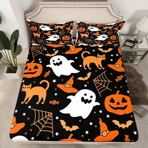 Feelyou Halloween Decorative Bedsheet Sets - Unique Black, Orange Patterns with Pumpkin, Ghost, Cat Designs, Fitted Sheet for Adults, Festival Bedding Decor