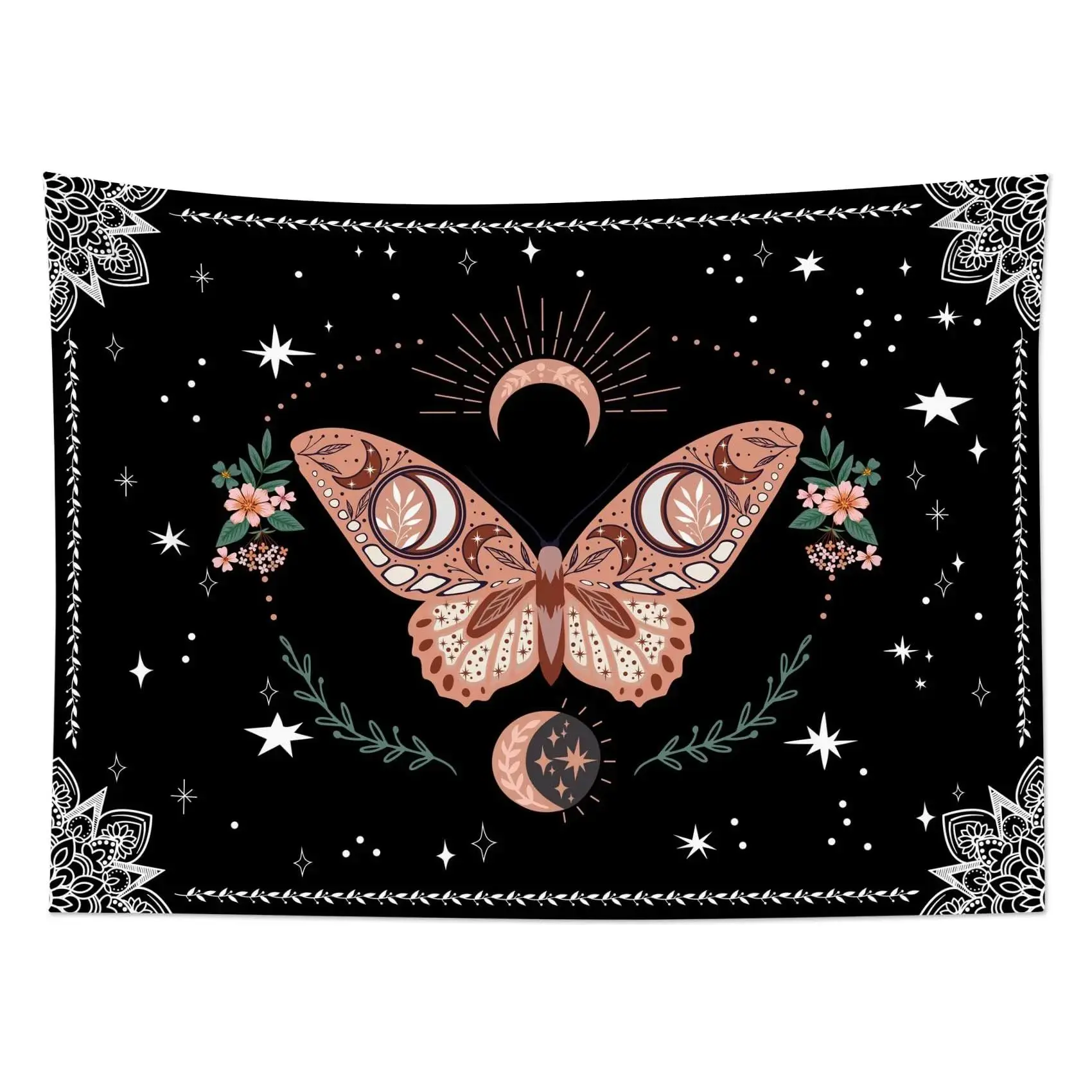 Celestial Butterfly Tapestry - Black Boho Gothic Floral Polyester Wall Hanging with Mystical Moon, Stars, Vibrant Print, Multi-Size Single-Piece Decor for Room Decor, Dining/Party, Bedroom, Meditation Room