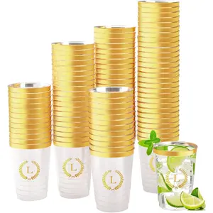 100 Pieces 12 oz Clear Gold Foil Letter L Monogrammed Disposable Plastic Party Cups for Wedding Birthday Baby Shower Personalized Party Drinkware