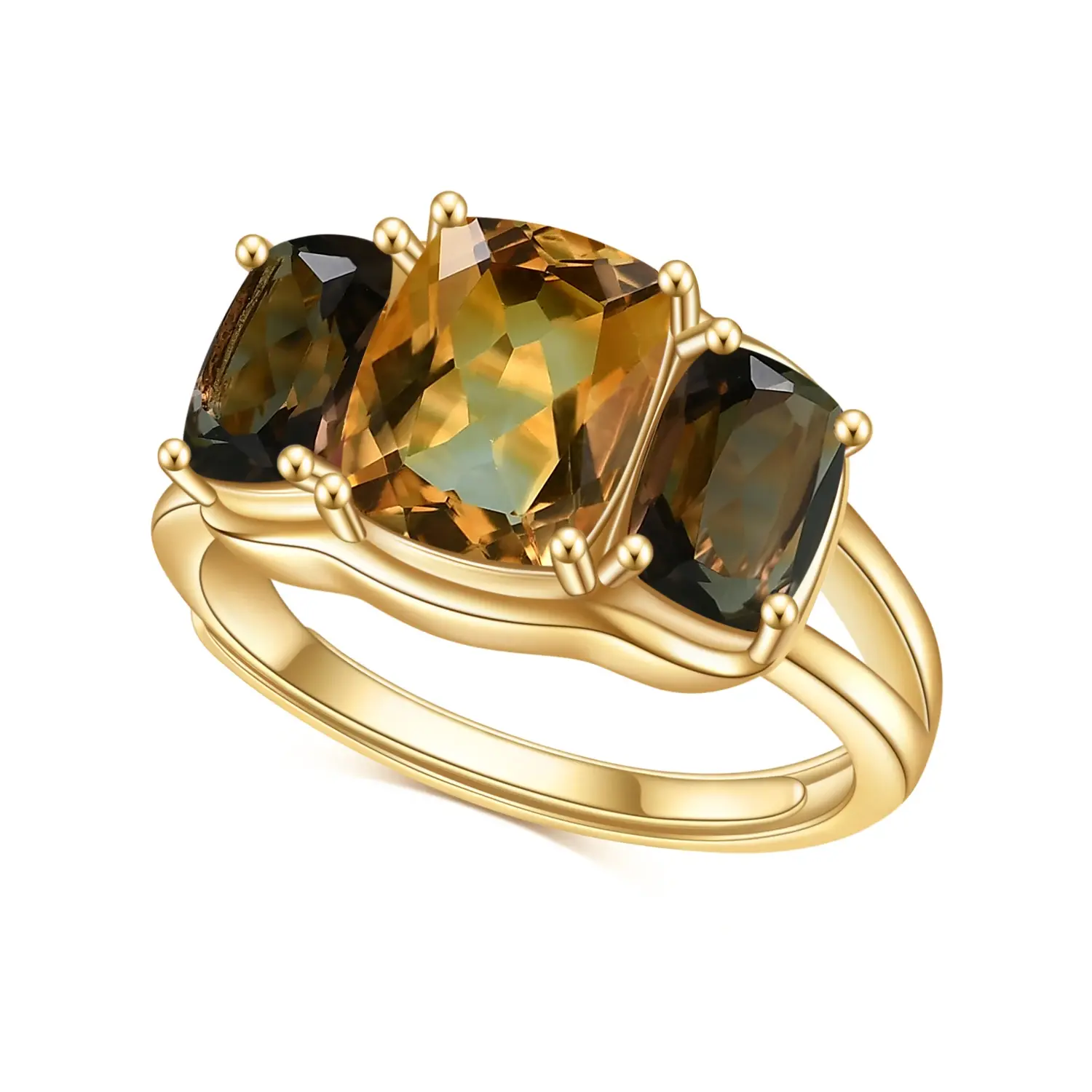 925 Sterling Silver Natural Smoky Quartz Citrine Three-Stone Engagement Ring Gift For Her Trending Gold Jewelry GB
