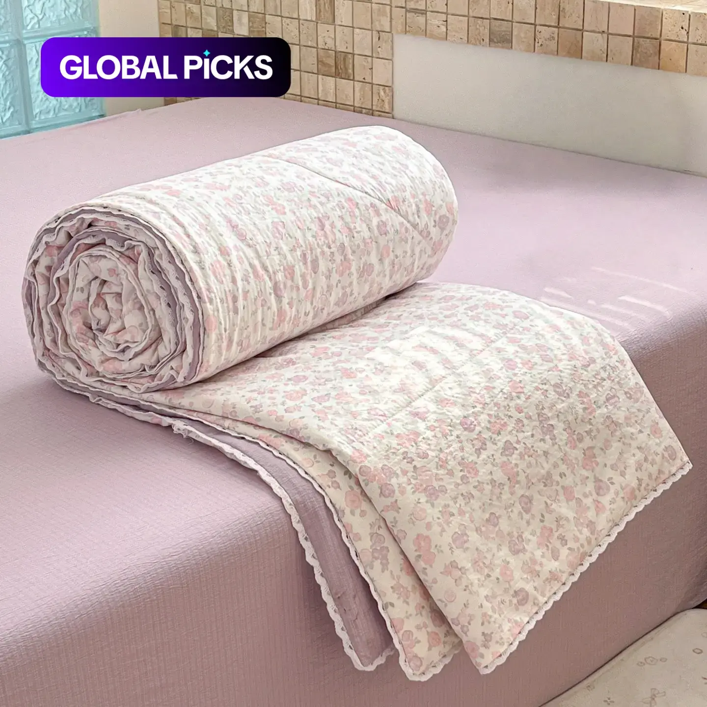 Lightweight Summer Quilt with Pink-and-Purple Floral Print & Lace Trim, Ultra-Soft Skin-Friendly Polyester Quilted Bedspread, Printed Bedspreads for Bedrooms, Offices & Home #GLOBAL PICKS