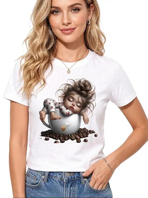 Women's Fitted Cut Graphic Print T-Shirt - Coffee Print, Soft Cotton, Backless Short Sleeves, Crew Neck with Bow, Cropped Lightweight, Heat Transfer Details, Valentine's Day Casual Boho Summer Top, Do Not Bleach, Unique Graphic Design
