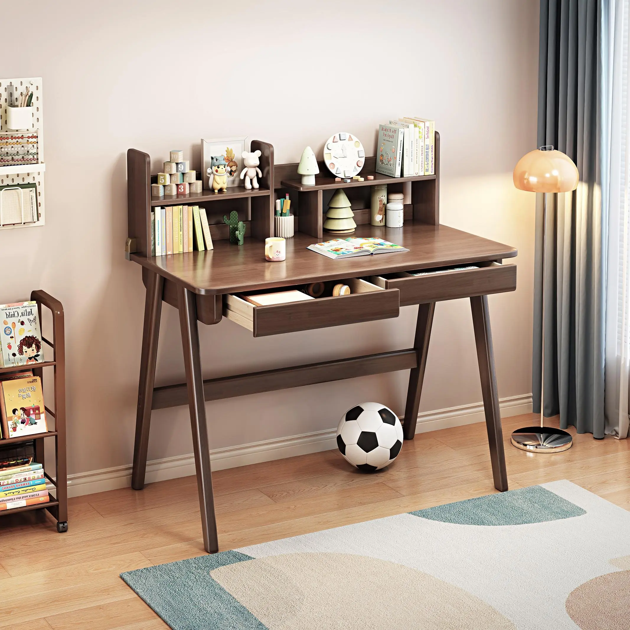 Children's Solid Wood Desk with Built-in Bookshelf, Multi-functional Study Table for Home and School, Available in Natural, White, and Walnut Colors