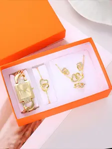 Stylish Square Rhinestone Dial Hollow Stainless Steel Strap Women's Quartz Watch Set Includes Box and Jewelry Fashionable Jewelry Set