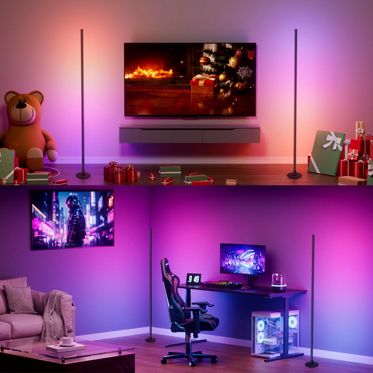 EISSLOLY 2PC RGBIC Floor Lamp, Splicing LED Corner Floor Lamp with Remote, 16 Million Colors Dimmable Music Sync Ambient Lighting, Easy Install Minimalist Standing Lamp for Living Room, Bedroom, Gaming Room, Home Decor, White/Black