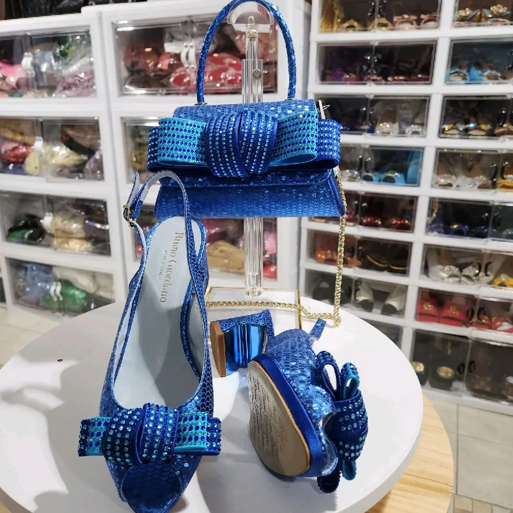 Women's Italian Shoes and Bag Set Size 39 - Blue Glitter Design with Bow Detailing