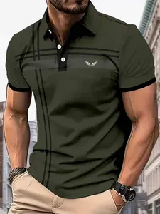 Men's Colorblock Patchwork Shirt, Casual Fashion Short Sleeve Top, Wing Print Polo, Geometric Design, All Seasons, Fitted, Short Length