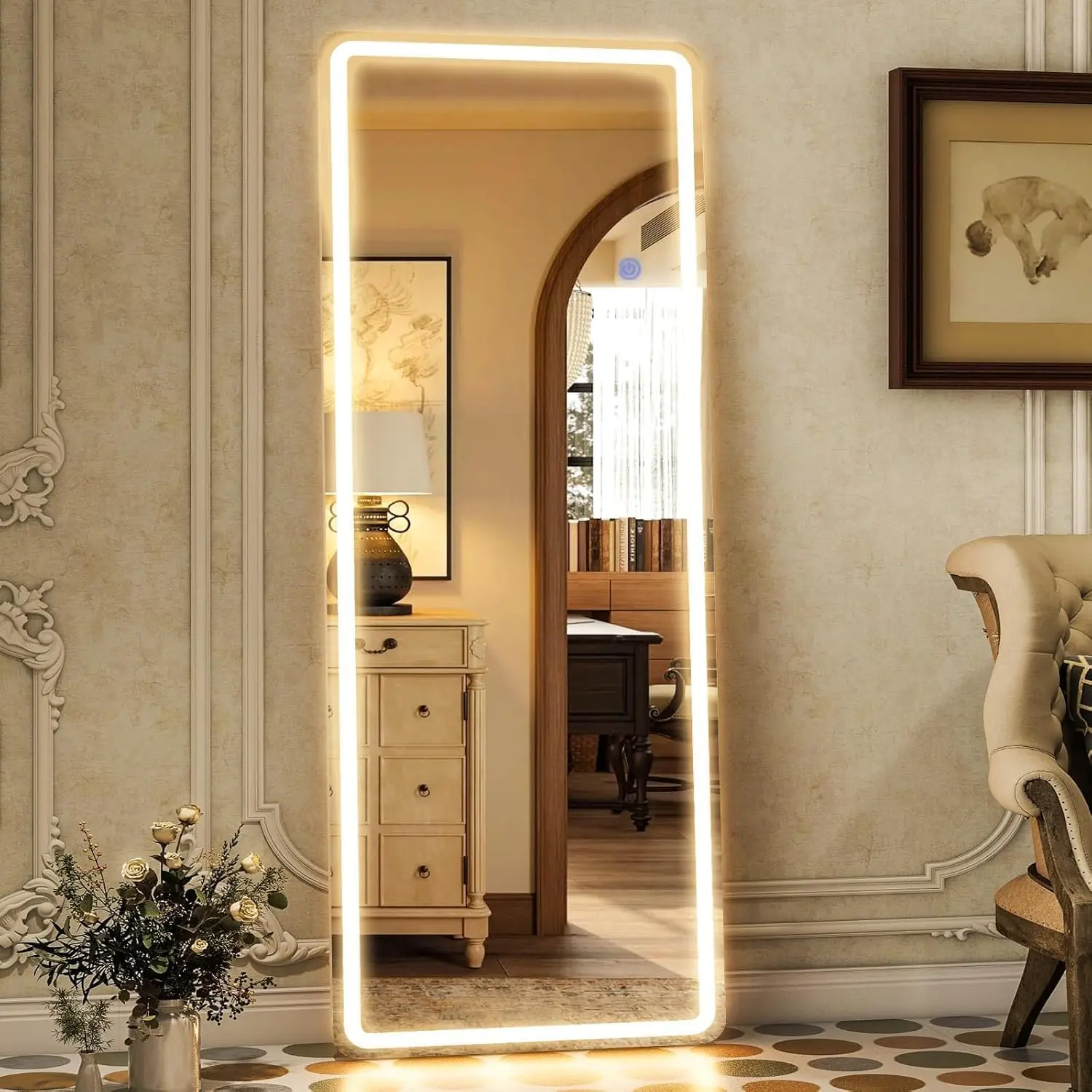 Modern Wall-Mounted Full Length Glass LED Lighted Mirror (60-71in) - 3-Color Dimmable, Sleek White Aluminium Frame, Arched/Rectangle Design, Makeup Vanity Mirror, for Bedroom Room Decor, Mirrors Full Length, 50,000+ Hours Lifespan