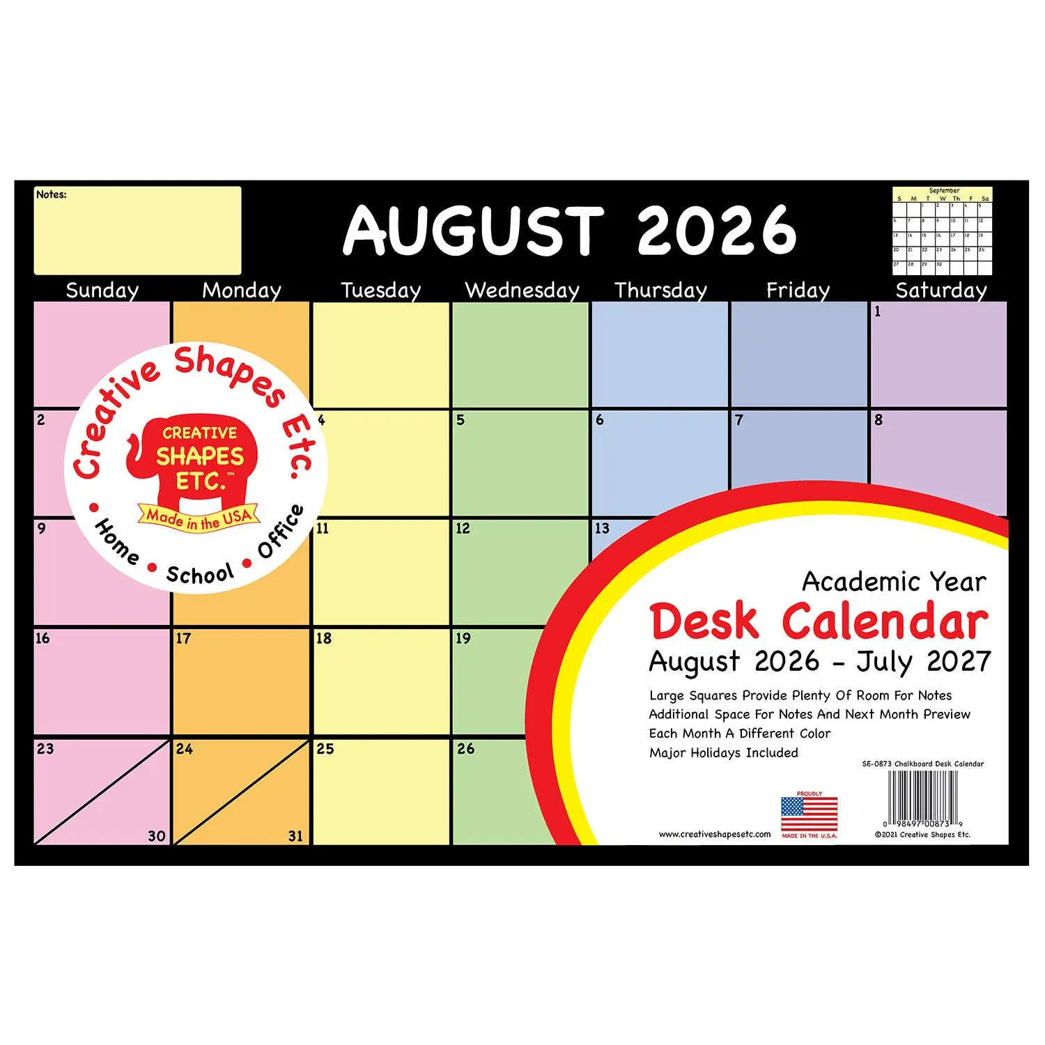 SHAPES ETC. Academic Year Desk Calendar - Chalkboard Design Office Organizer, Wall Calendar Planner