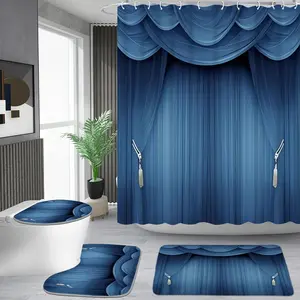 1/4 piece theater style blue curtain pattern shower curtain set, waterproof shower curtain with 12 hooks, non-slip bathroom carpet, toilet U-shaped cushion, toilet seat cover cushion, bathroom shower curtain set, perfect moving gift.