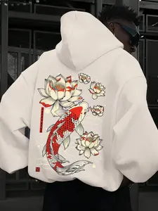 Men's Fashion Street Style Hoodie, Traditional Koi Fish Lotus Print, Loose-Fit Long Sleeve, Fall & Winter Casual Wear