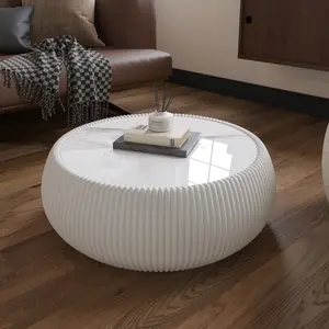 Light Sintered stone Top Drum Shape Leather Coffee modern Sofa Table for Living Room furniture (Each tabletop has a unique grey pattern)