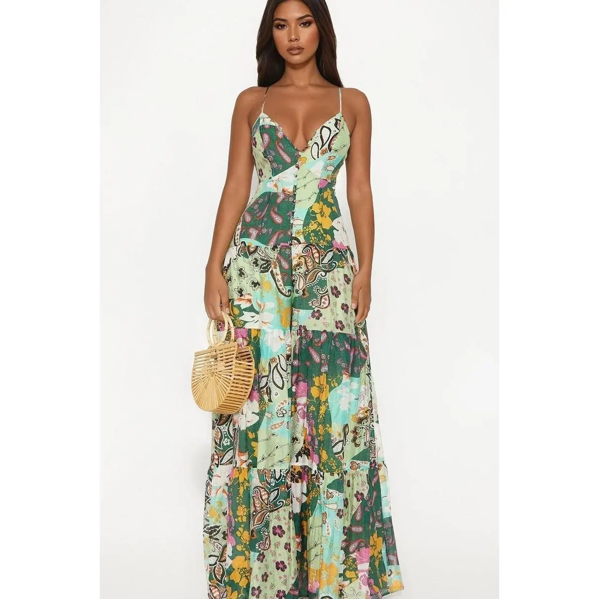 Women's Nylon Spaghetti Strap Zipper Overalls - Vacay Ready Wide Leg Jumpsuit, Green/Combo X