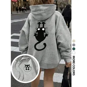Women's Cat Print Oversized Hooded Sweatshirt, Fashion Casual Pullover with Pocket for Fall Winter Outdoor Wear, Trendy Holiday Hoodie