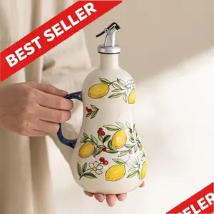 Viral Hand-Painted Ceramic Oil Dispenser - Aesthetic Olive Oil Bottle with Handle - Underglaze Artisan Seasoning Jar for Kitchen Decor & Mediterranean Style Hosting