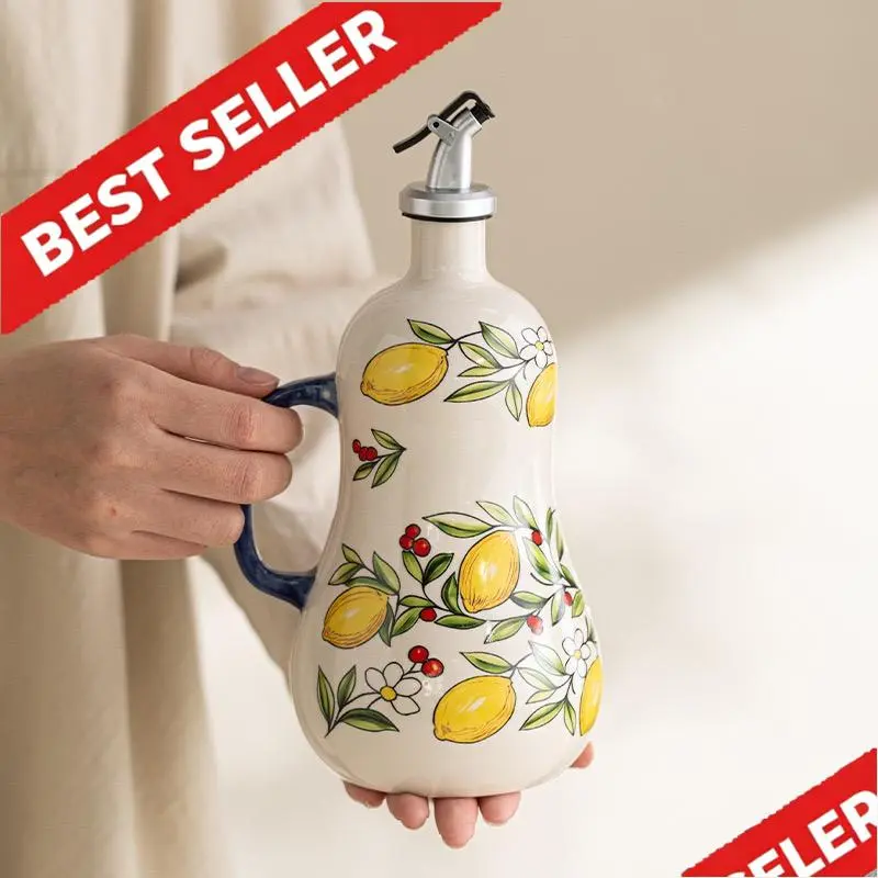 Lemon Yellow Hand-Painted Ceramic Oil Dispenser - Handle-Equipped Aesthetic Olive Oil Pot - Underglaze Artisan Seasoning Jar for Kitchen Decor, Mediterranean Style Hosting, Lemon Yellow Oil Pot