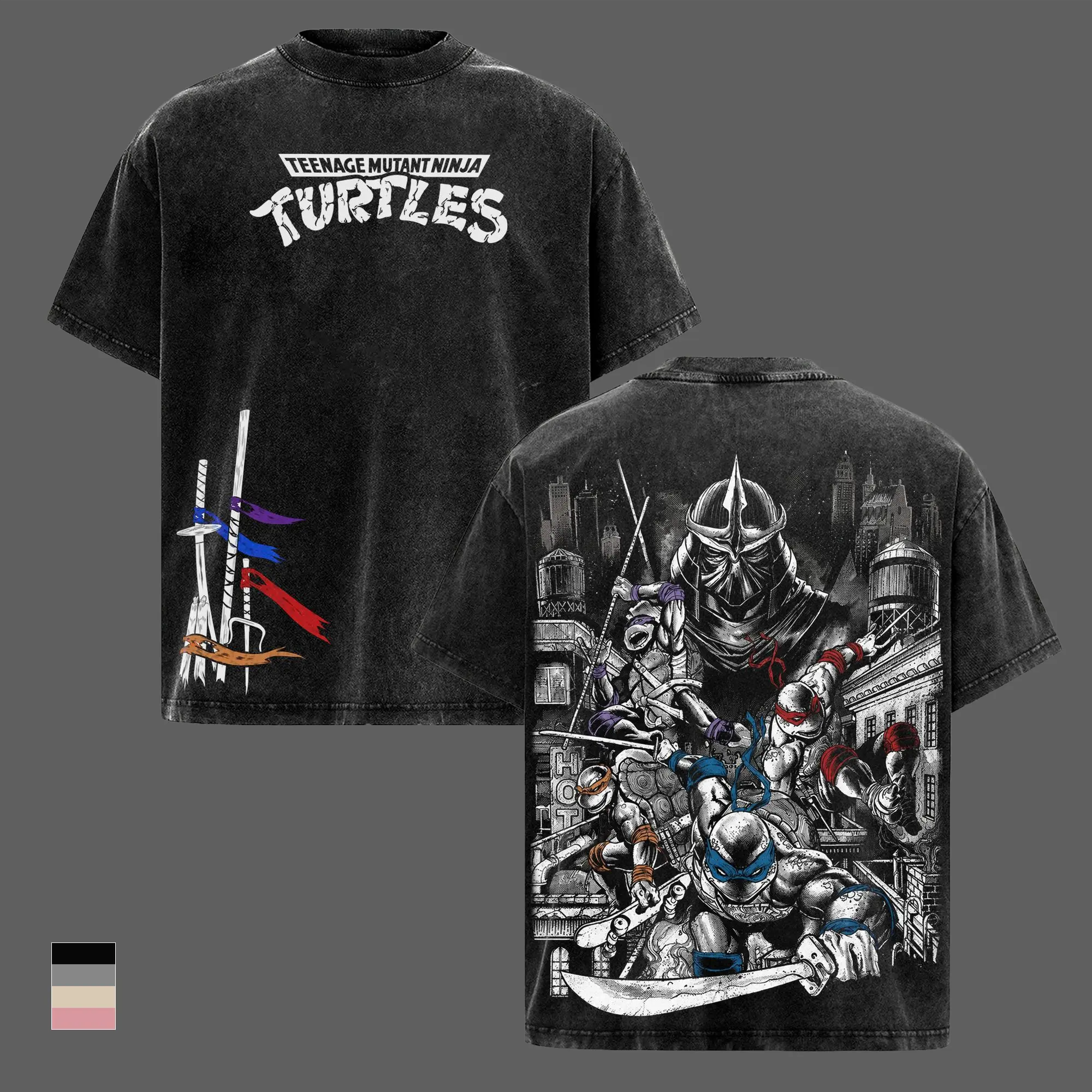 Vintage Washed TMNT Graphic T-Shirt, Turtles Logo Front Weapon Flags Side Full TMNT Back, Oversized Heavyweight Cotton Tee, Shredder Double Sided Print, Retro Comic Streetwear, Y2K Unisex Fan Merch, Collector Gift Apparel
