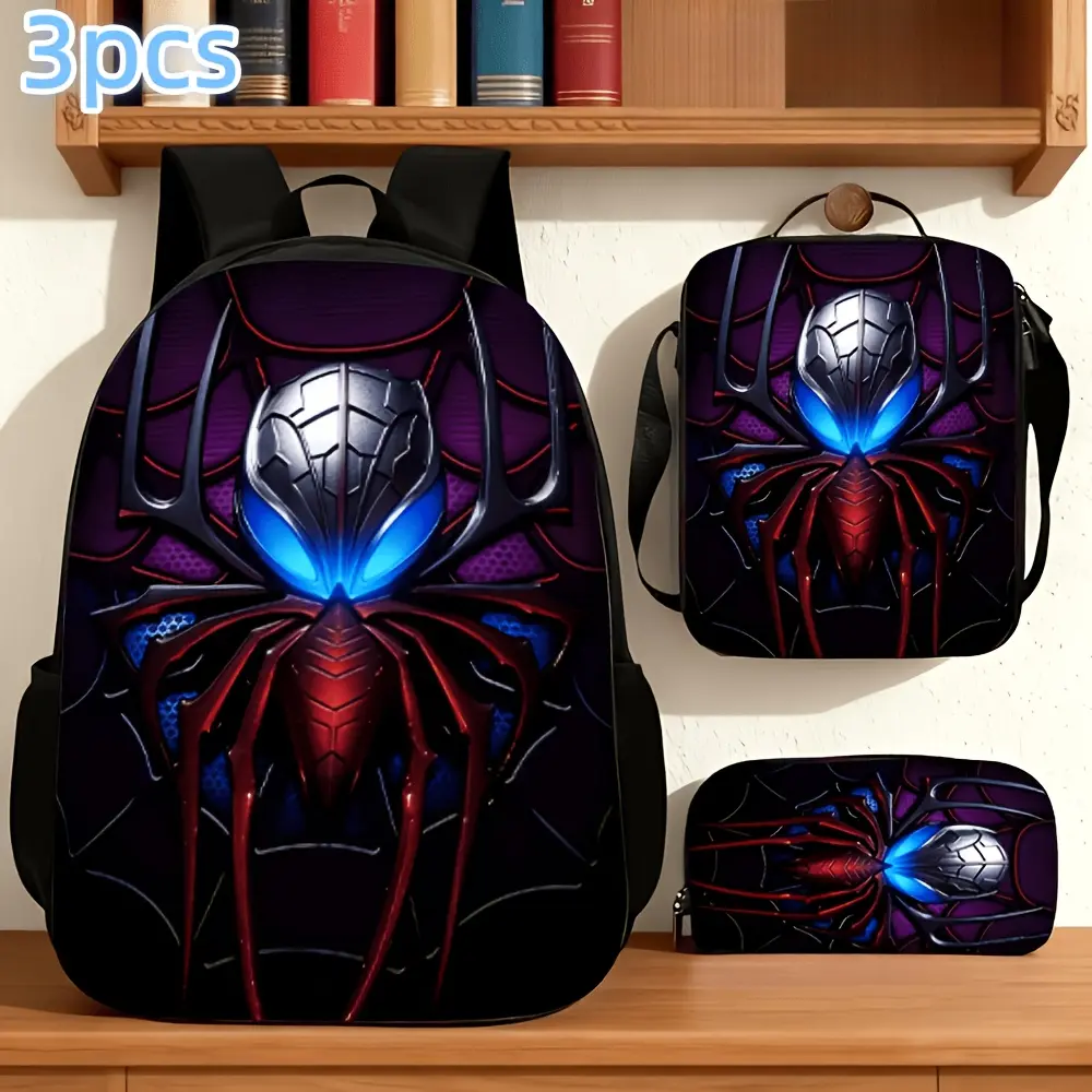 Unisex Large Capacity Backpack Set, Cool Red And Blue Big Spider Print Pattern, Adjustable Shoulder Straps, Zipper Closure, 3Pcss Set Includes Backpack, Body Bag, And Pencil Case, Essential Backpack for Back to School, School, Camping