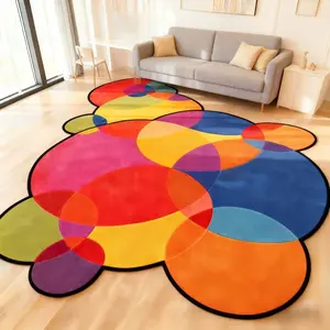 1 Piece of Nordic Style Creative Colorful Round Splicing Living Room Large Area Carpet Dopamine Artistic Bedroom Plush Carpet Ins Trend Dressing Room Bedside Soft Warm Color Atmosphere Lounge Sofa Coffee Table Non-slip Floor Mat Home Decorative Rug