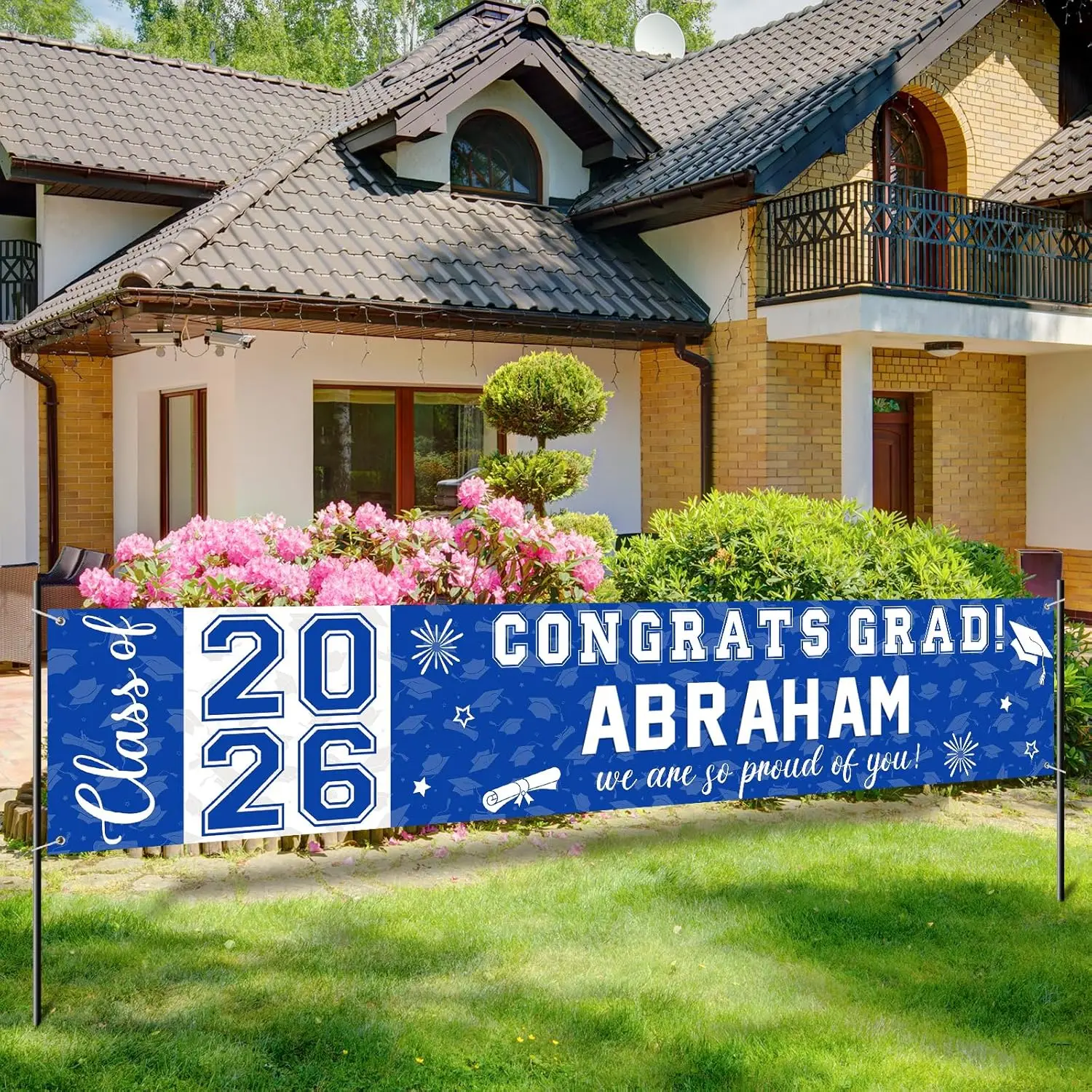 Graduation Congratulations Banner Decorations, Class of 2026 Personalized Graduation Banner with 78 Alphabet Stickers, Custom Banner Backdrop for High School College Graduation Party Supplies, Blue