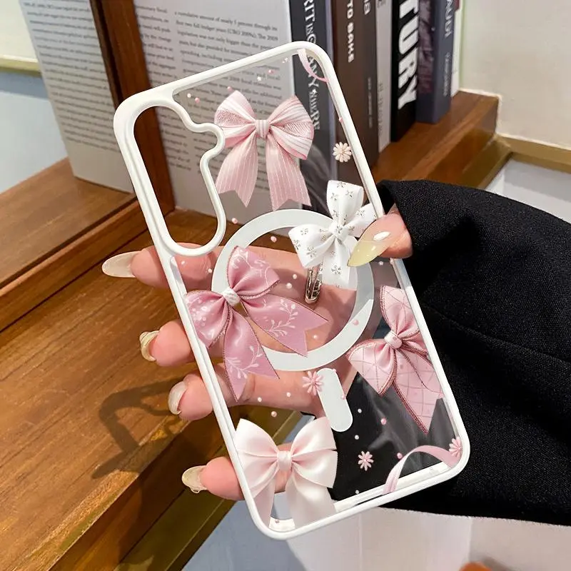 Bow Delight Dream Pattern Clear Magnetic Phone Case, Compatible with MagSafe Silicone Bumper Protective Cover For Samsung S26 S25 S24 S23 S22 Ultra Plus FE Girl