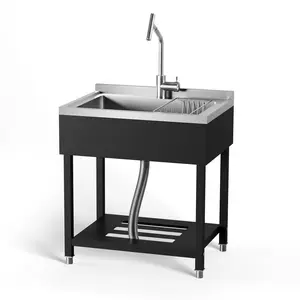 【GARVEE】Heavy Duty Commercial Utility Basin, Freestanding Stainless Steel Single Bowl, Spring Pull-Down Faucet, Hot Cold Water, 31x22x35 Inch for Laundry Kitchen Garage