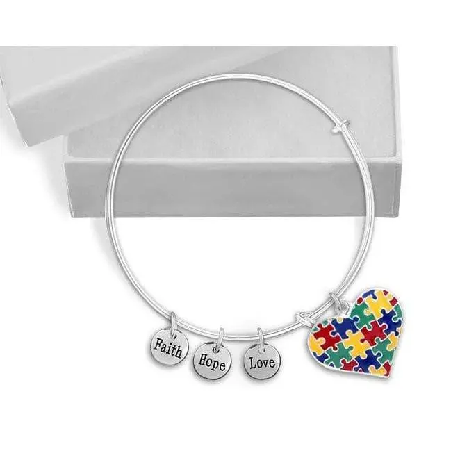 Autism Heart Multicolor Charm Bracelet - Colorful Heart Design with "Faith," "Hope," "Love" Charms, Silver Finish