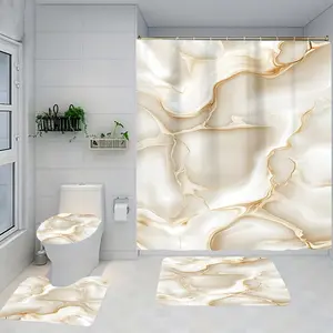 1/4 piece gold mist marble design bathroom set, including soft floor mat, toilet seat cushion, shower curtain, creating elegant decoration and home decor. The floor mat has good rebound, water absorption, anti slip, and is the first choice for gift giving